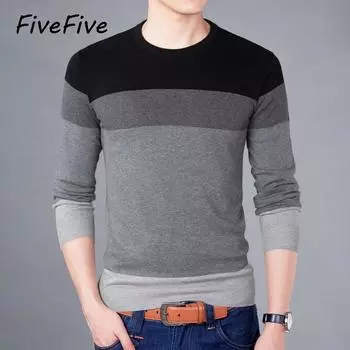 FiveFive свитер мужской с круглым вырезом в полоску облегающий трикотаж с длинными рукавами свитер пуловер мужской тонкий повседневный вязаный свитер пуловеры мужской XXXL чёрный