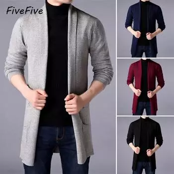 FiveFive свитер пальто мужская мода осень мужская тонкая длинная однотонная трикотажная куртка мода мужской повседневный свитер кардиган пальто XXXL чёрный