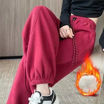 FiveFive утолщенные спортивные штаны женские теплые бархатные шаровары зимние модные брюки-бойфренды с высокой талией зимние брюки XXL чёрный