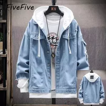 FiveFive Весенняя и осенняя куртка Мужская модная повседневная мужская однобортная джинсовая куртка с капюшоном и разрезами XS светло-синий