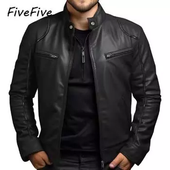 FiveFive Весна Осень Мужская одежда Мотоциклетная куртка из искусственной кожи Мужская подростковая куртка с воротником-стойкой в стиле панк Кожаное пальто Мужская панк S зелёный