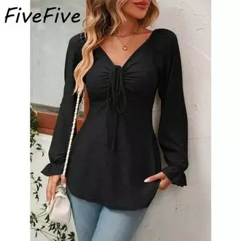 FiveFive весенне-осенний женский топ, однотонная сексуальная футболка с v-образным вырезом и завязками на талии, длинными рукавами XS синий