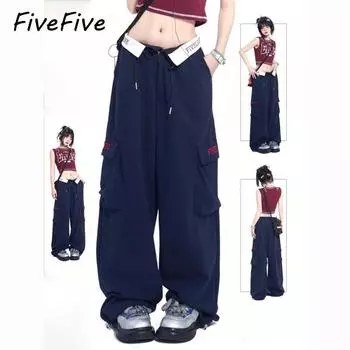 FiveFive Y2K брюки-карго с карманами для женщин, прямые брюки большого размера в стиле Харадзюку, винтажные брюки с низкой талией, широкие мешковатые джинсы S