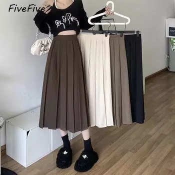 FiveFive Женская длинная черная юбка в корейском стиле Женская плиссированная юбка Длинные юбки для женщин Модная юбка А-силуэта XL чёрный