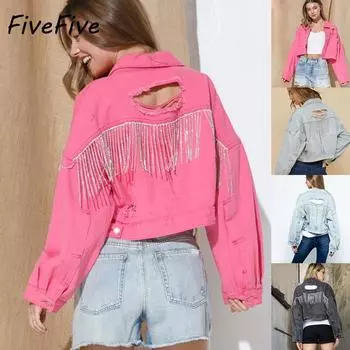 FiveFive Женская джинсовая куртка с длинными рукавами и кисточками со стразами на спине, короткое пальто XL чёрный