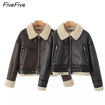 FiveFive Женская модная толстая теплая куртка из искусственной овчины, пальто в винтажном стиле с длинным рукавом и поясом, женская верхняя одежда XS чёрный