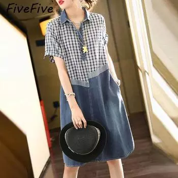 FiveFive Женская одежда Лето Винтаж клетчатый принт Лоскутное джинсовое платье миди Простые повседневные свободные уличные платья с короткими рукавами Джинсовые платья