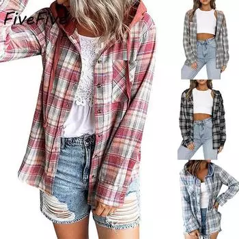 FiveFive Женская осенняя клетчатая толстовка с капюшоном и воротником Tide Drawstring Loose Casual Hoodies Button с нагрудным карманом XS чёрный