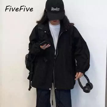 FiveFive Женская уличная одежда Harajuku Одежда однотонная модная унисекс с рукавами-фонариками Верхняя одежда повседневная отложной воротник XXL чёрный