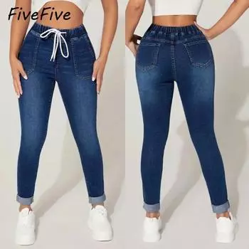 FiveFive женские эластичные джинсы с завязками на талии, модные узкие джинсовые брюки-карандаш длиной до щиколотки XS синий