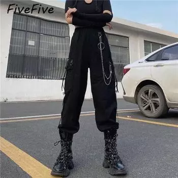 FiveFive Женские брюки-карго Повседневные шаровары в стиле хип-хоп в стиле панк-джоггеры с цепочкой Harajuku Прямые брюки с высокой талией Уличная одежда больших размеров XXXL чёрный