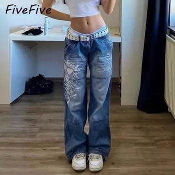 FiveFive женские джинсы с принтом Харадзюку с цветочным принтом, винтажные эстетические мешковатые прямые брюки, повседневная одежда, брюки, уличная одежда XS коричневый