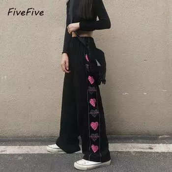 FiveFive женские хиппи Harajuku Y2k брюки с принтом в виде сердца уличная одежда женские широкие спортивные штаны корейская мода M чёрный