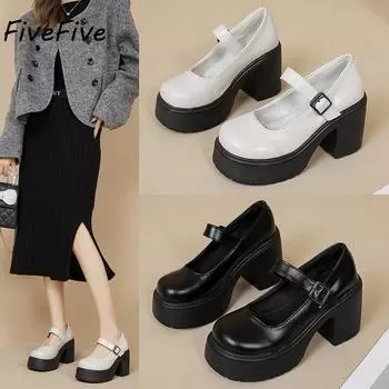 FiveFive/женские милые туфли Мэри Джейн в стиле Лолиты, женские туфли-лодочки на платформе, танкетке и высоком каблуке, винтажные туфли-оксфорды с пряжкой и ремешком для девочек 40 чёрный