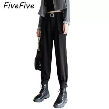 FiveFive Женские модные повседневные брюки-карго с высокой талией Свободные джинсы-карго Прямые длинные брюки больших размеров XXXXL чёрный