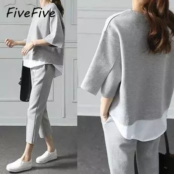 FiveFive Женские модные повседневные комплекты, толстовка с длинными рукавами и укороченные брючные костюмы XS серый