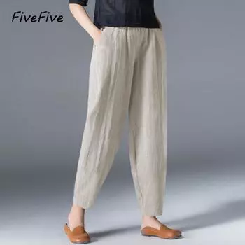 FiveFive Женские однотонные льняные хлопковые брюки Свободные широкие брюки Повседневные брюки Брюки с эластичным поясом Женские плавки XXXXXL белый