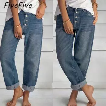 FiveFive Женские повседневные синие брюки с высокой талией Женские однобортные прямые джинсы Свободные универсальные базовые джинсовые брюки размера плюс XS синий