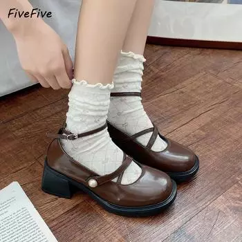FiveFive женские туфли-лоферы ретро коричневые туфли Мэри Джейн женские туфли на толстом каблуке с пряжкой на щиколотке туфли Лолита женская униформа туфли-лодочки из искусственной кожи женские 35 чёрный
