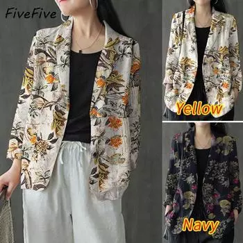 FiveFive женский хлопковый блейзер с длинным рукавом и принтом, винтажные куртки с принтом, повседневные топы, верхняя одежда, большие размеры XS-5XL XXXXXL хаки