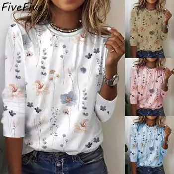 FiveFive женский пуловер с круглым вырезом и длинными рукавами, женские свободные повседневные удобные топы с 3D цветочным принтом, большие размеры XXL белый