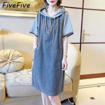 FiveFive Женское джинсовое лоскутное платье миди в корейском стиле с карманами на шнурке Летняя модная повседневная уличная одежда Негабаритные платья Y2K Vestidos плюс размер M синий