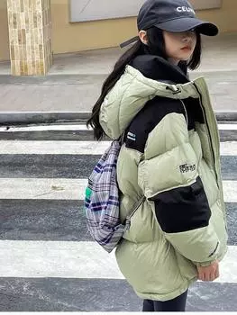 FiveFive Зимняя куртка для девочек, пальто из толстого пуха, хлопковое утепленное пальто для девочек, модная повседневная свободная парка с капюшоном 160 чёрный