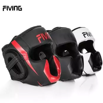 FIVING полностью покрытый боксерский шлем Муай Тай искусственная кожа тренировочный спарринг боксерский головной убор тренажерный зал тхэквондо голова M чёрный