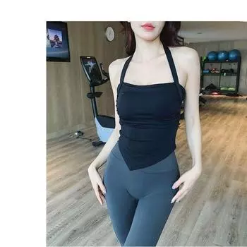 Fixed Chest Pad Halterneck Square Scarf Hem Sports Bra Sexy Outerwear Yoga Workout Underwear Breast Holding Vest Black L code [57.50 kg-65.00 kg]]