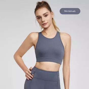 Fixed Cup Sports Vest Women Fitness Leisure I-Shaped Beauty Back Cool Feeling Short Yoga Shockproof Running Push up Sea rock ash S