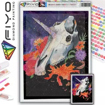 FIYO 11,8x16,73 дюйма Алмазная картина Полная круглая дрель Алмазный череп единорога Круглая алмазная живопись Ручная работа Diy Алмазная мозаика Картина Украшение дома