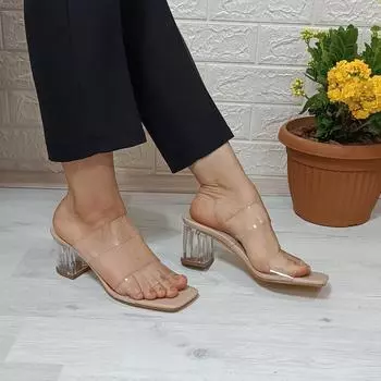 Fiyra 7026 Норковые женские тапочки на квадратном стеклянном каблуке шириной 5 см с прозрачной лентой