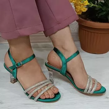 Fiyra 7027 Зеленые женские вечерние модельные туфли с тремя ремешками и камнями на стеклянном каблуке высотой 7 см