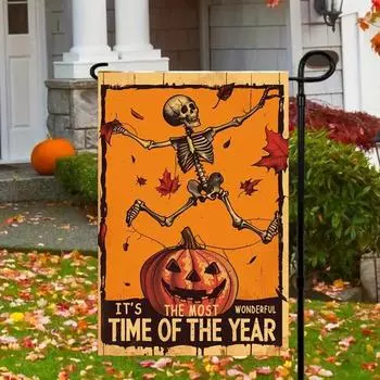 Флаг для сада на Хэллоуин, тыква, призрак, скелет, кошка, уличный флаг, двухсторонний праздничный баннер для украшения балкона, газона и двора 1