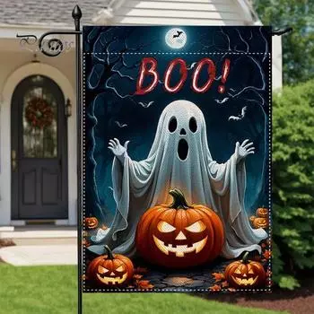 Флаг для сада на Хэллоуин, тыква, призрак, скелет, кошка, уличный флаг, двухсторонний праздничный баннер для украшения балкона, газона и двора 1