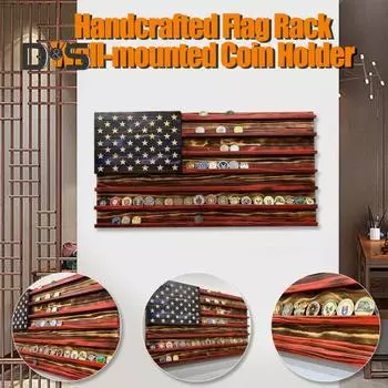 Флаг США Стеллаж для выставки монет Деревянная настенная подвеска ручной работы Памятная медаль Монета Вызов Стенд Держатель День памяти Украшение рабочего стола A