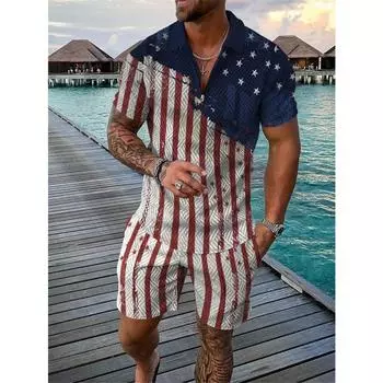 Летние мужские костюмы с флагом, нагрудные молнии, с принтом, короткий рукав, футболка, комплект из 2 предметов, повседневные шорты с карманами, спортивные костюмы, мужские спортивные комплекты из двух предметов M