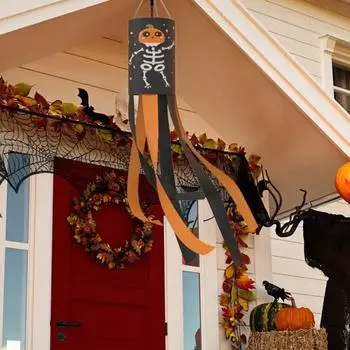 Флаг-ветроуказатель для украшения на открытом воздухе на Хэллоуин с кисточками и лентами, флаг-ветроуказатель с рисунком на Хэллоуин для террасы у входной двери двора 1