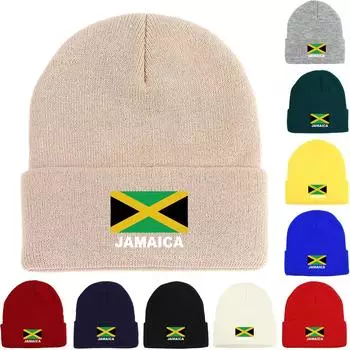 Флаг Ямайки Зимняя вязаная шапка Beanie, патриотическая шапка-череп, эластичная манжета, стильный головной убор, вязаная шапка Beanie as the picture бежевый