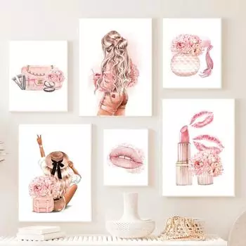 Флакон духов Туфли на каблуках Помада Сумочка Мода Девушка Искусство Холст Картина Скандинавские постеры и принты Настенные картины Декор гостиной 21x30cm No Framed