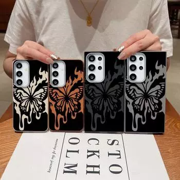 Flame Butterfly Pattern TPU Soft Matte Phone Case For Samsung S25 S24 FE S23 Ultra S22 A16 A15 A55 A54 A35 A34 Leather Texture Shockproof Bumper Cover Samsung S25 чёрный