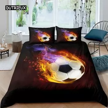 Flame Soccer Duvet Cover Set Football Polyester Comforter Cover for Kids Teens Boys Soccer Lover Bedding Set Bedroom Decoration 150x200cm 3pcs