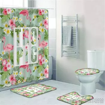 Flamingo Cartoon Anime Bath Shower Curtain Set 4pcs with Hooks Waterproof Bathroom Toilet Mat Lid Decor 90x180cm 4pcs