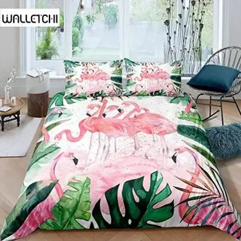 Flamingo Duvet Cover Palm Leaf King Size Toucan Flamingos Duvet Cover Girls Boy Adult Tropical Botanical Leaves for Living Room EU single(135x200cm)