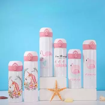 Flamingo pattern insulated water bottle stainless steel leak-proof thermos bottle pop-up lid thermos cup outdoor car thermos cup 350ml