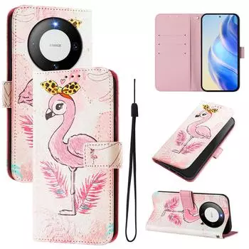 Фламинго роскошный окрашенный кожаный чехол-кошелек из искусственной кожи в стиле книги для Huawei P20 P30 P40 P50, Pura 70, Mate 60, Mate 70, Honor 50... Huawei P20 розовый