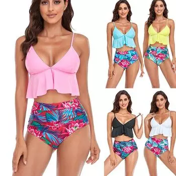 Фламинго с принтом и рюшами, большие размеры, бикини 2XL, женский купальник с лямкой на шее, пуш-ап, большой размер, с рюшами, с высокой талией, бикини, купальник, купальный костюм S чёрный