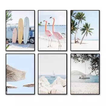 Фламинго Доска для серфинга Пляж Океан Волны Ракушка Настенная живопись Холст Картина Тропические постеры и принты Настенные картины для домашнего декора 21X30cm No Frame