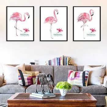 Фламинго тропический цветок животное акварельный принт, скандинавский холст живопись домашний декор настенный плакат гостиная фон искусство 21cm30cm NoFrame