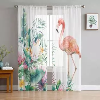 Flamingo Turtle Leaf Tropical Plant Sheer Curtains for Living Room Decoration Window Curtain Kitchen Tulle Voile Organza Drapes W135 x H115cm x1&Rod Pocket